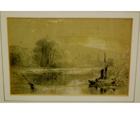 Attributed to John Gendall (1789-1865) - a river landscape, pencil with white pastel, 11x16.5cm
