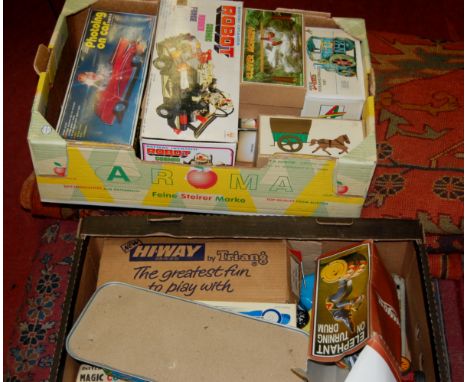 Two boxes of mixed Japanese tinplate and modern release toys to inc. Magic Colour Moon Express, tinplate space toy, a Triang 