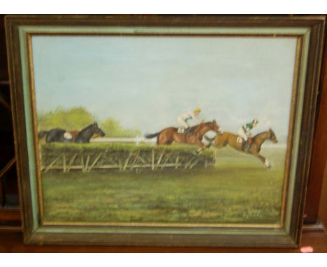 Framed reproduction Beatles print; Leonard Jones - national hunt scene, oil on canvas; sundry other pictures, prints etc