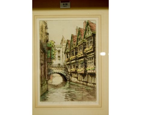 R Herdman-Smith ARWA - set of four colour etchings entitled The Weavers, Canterbury; Salisbury Cathedral, St Paul's from Bank