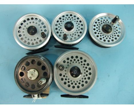A K P Morris Ltd 'Intrepid' 3¾-inch alloy trout reel, a 3½-inch 'Intrepid' reel, (spool refinished silver), two Intrepid Rimf