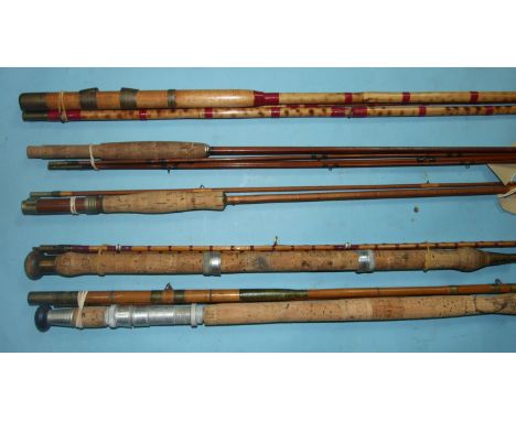 A burnt bamboo 10ft 6-inch 3-piece fly rod with greenheart tip, a 3-piece split-cane rod with ceramic-lined eyes, a 9ft 3-pie
