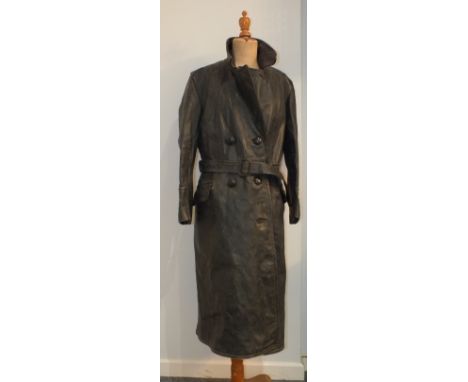 A WWII era officer's leather trench great coat, bearing stamps for the DLV (Deutscher Luftsportverband - German Air Sports As