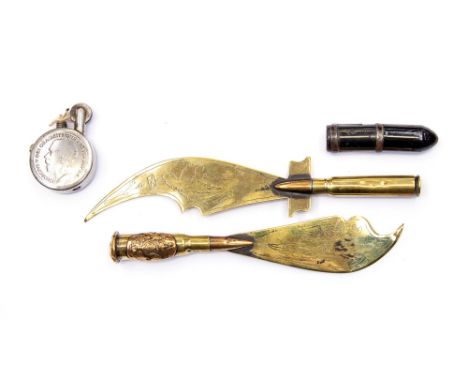 WW1 British Trench Art letter openers made from cartridges one inscribed "Paschendale", a trench art cigarette lighter with V