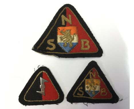 WW2 Dutch Nazi Nationaal-Socialistische Beweging in Nederland, NSB Wolf Hook cap badge and two different sized NSB sleeve ins