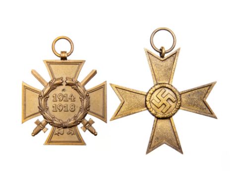 WW2 Third Reich Cross of Honour with Swords (no ribbon) maker marked "32 RV Pforzheim" and a Tombak War Merit cross 2nd Class