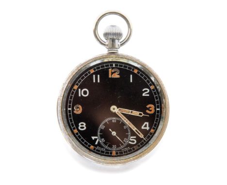 WW2 British GSTP Q 20628 Tissot pocket watch. Black dial with Arabic numerals. Marked "Swiss Made". Runs and ticks.