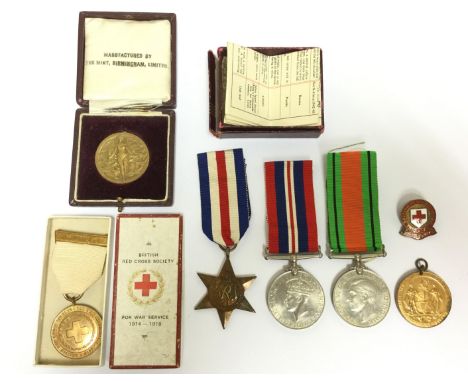 WW2 British France &amp; Germany Star, Defence Medal and War Medal, all with ribbons and packets and slip: WW1 Peace Medallio