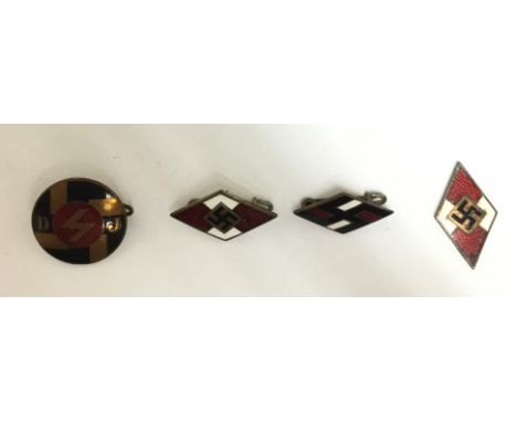 WW2 Third Reich HJ/DJ/NSDStB enamel badge collection: two Hitler Jugend membership badges, one without pin "RZM M1/15, the ot