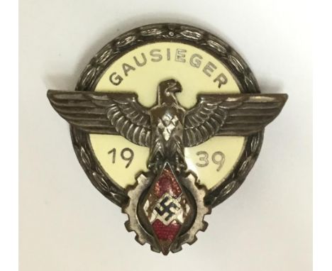 WW2 Third Reich HJ Gausieger badge 1939. No pin and enamel to HJ badge is chipped. Maker marked "G. Brehmer, Markneukirchen"