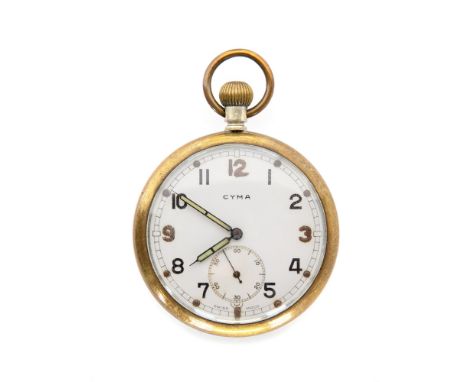 WW2 British pocket watch by "CYMA". Marked to reverse with Broad Arrow and GSTP M69180. 15 jewels. White dial with Arabic num