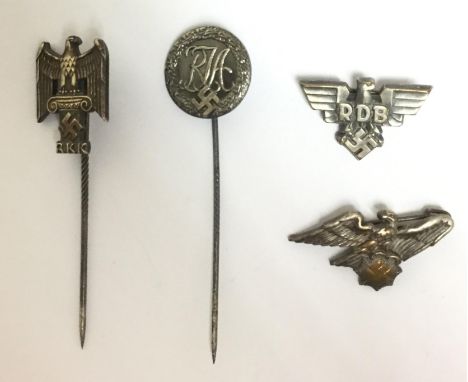 WW2 Third Reich Reichkulturkammer Stick pin. Marked "Deschler Munchen. Ges. Gesch": RDB eagle lapel badge: De Nazified RLB ea