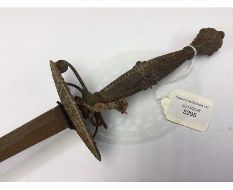 A Spanish dagger with 32cm triangular section blade. 495mm overall length. Part of guard broken. Oval guard.