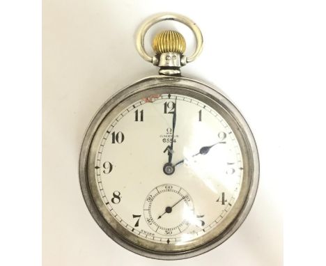 WW2 British Pocket watch by Omega. White dial (slight chip) with Arabic numbers and seconds dial. Swiss made "6554" and broad