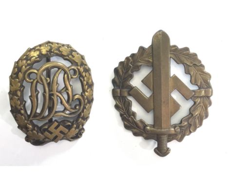 WW2 Third Reich DRL Sports badge in Bronze by Wernstien, Jena and a Bronze SA Sports badge,bottom hook missing. (2)