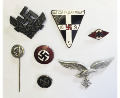 WW2 Third Reich SA stick pin maker marked RZM 13, Luftwaffe 2nd pattern alloy cap eagle with all pins intact, RADwJ badge, en