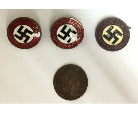 WW2 Third Reich NSDAP membership badge collection: one unfinished badge no enamel or pin, "RZM M1/102": Adolf Hiter 1933 badg