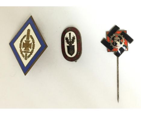 WW2 Third Reich enamel badges/stickpin: TENO stick pin numbered " "25678" &amp; "Ges. Gesch": Arbeits Dank RAD badge marked "