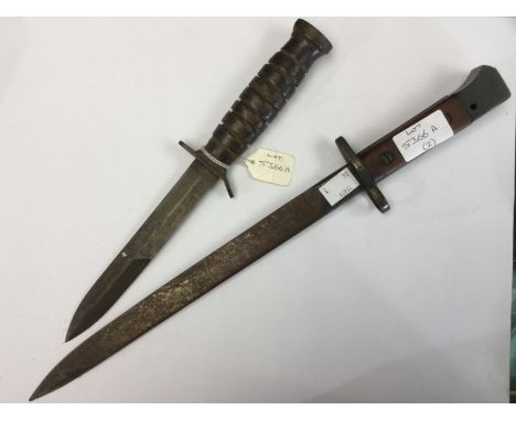 WW2 US M3 Fighting knife with 17cm long blade marked "US M3 Imperial", no scabbard. Overall length 30cm. Along with an Indian