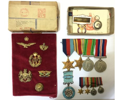 WW2 British RAF Medal group to RD Purslow consisting of: 1939-45 Star, Africa Star, Defence Medal and War Medal all mounted o