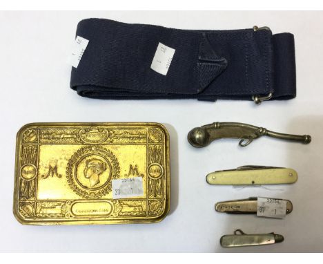 WW1 British Princess Mary's Gift Tin 1914, a white metal WW2 British Royal Navy Bosuns Whistle with Broad Arrow markings, WW2
