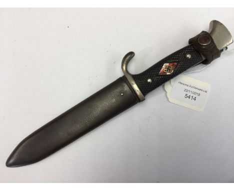 WW2 Third Reich Hitler Jugend dagger. 13cm long blade with traces of "Blut und Erhe!" motto. Transitional marked blade with R