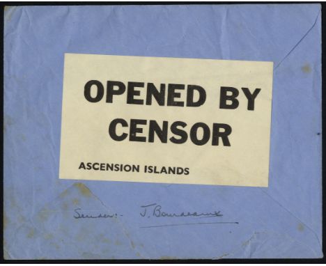 Ascension Postal History. 1942-5 envelope to UK with violet Censor cachet (Mayo Type III) bearing six ½ds, light CDSs with il