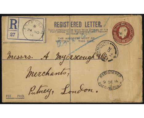 Ascension Postal History. 1914 commercial Myerscough 3d registered postal stationery envelope (1d postage, 2d registration) w