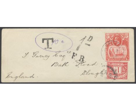 Ascension Postal History. 1924 1½d rose-red on unusual-sized envelope to Slough, R2/6 zig-zag flaw, tied by 1 JA 28 CDS. Unde