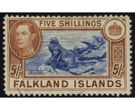 Falkland Islands. 1949 printing of the 5/- on thin white paper, used with a very light CDS. SG 161d (£500)
