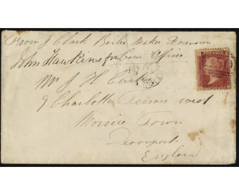 Ascension Postal History. 1867 envelope to Devonport from 'J. Clark Boiler Maker Ascension' and countersigned by 'John Hawkin