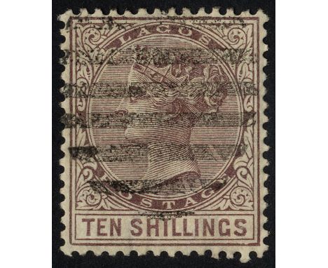 Nigeria. Lagos. 1886 10/- purple-brown, used with light barred cancel. Exceptional appearance for this but, sadly, thinned at