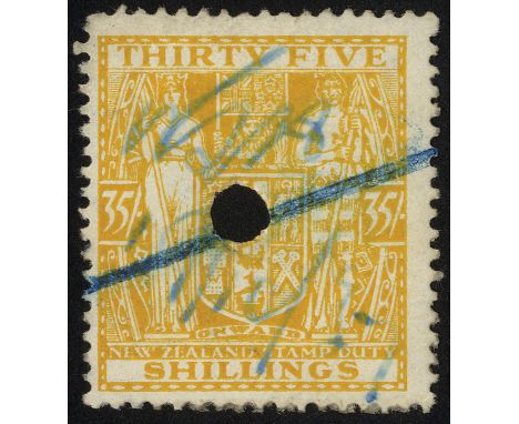 New Zealand. Postal Fiscals. 1931-40 35/- orange-yellow, single watermark on Cowan paper. Fiscally-used example with manuscri