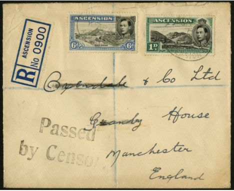 Ascension Postal History. 1940 registered envelope to Manchester with 1d and 6d KG VI, paying 3d for first ounce and 4d regis
