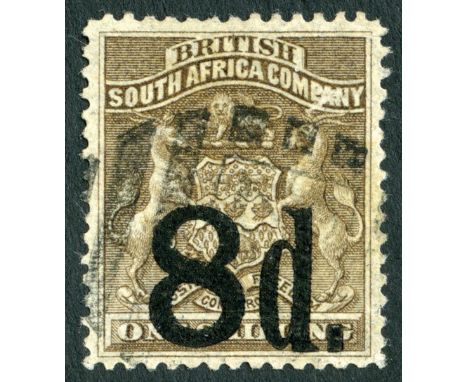 Rhodesia. 1892 8d on 1/- grey-brown used, light killer cancel, a scarce stamp. SG 17 (£850)