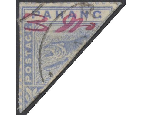 Pahang. 1897 3ct on half of 5ct bisected diagonally, used with manuscript surcharge in red, on a very small piece. Sismondo C