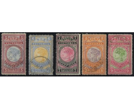 Australian States. Victoria. 1886-96 £5 to £9 watermark W33 with Melbourne CTO cancels of 11 DE 00, £6 and £8 a couple of thi