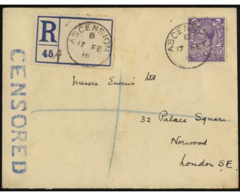 Ascension Postal History. 1916 registered envelope to Ewen's with correct 3d franking, CDS of 17 FE, with another strike on a
