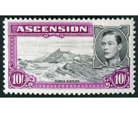 Ascension. 1944 10/- perf 13 with R5/4 boulder flaw, lightly-hinged mint. SG 47ba (£600)