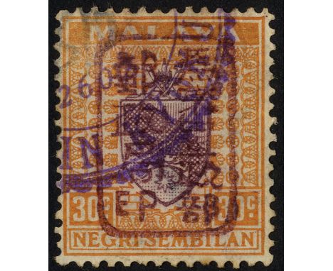 Malaya Japanese Occupation. Negri Sembilan. 1942 30ct dull purple and orange, Chop H in brown, used. Toothed double-ring viol
