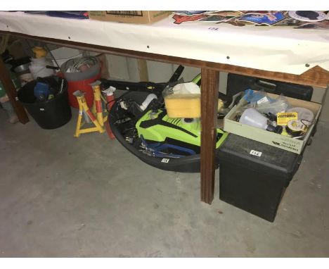 A collection of tools etc. including. axle stands