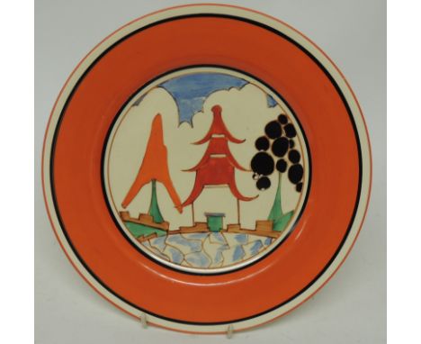 A Clarice Cliff Newport Pottery Fantasque Bizarre circular plate hand painted with trees and pagoda type building within oran