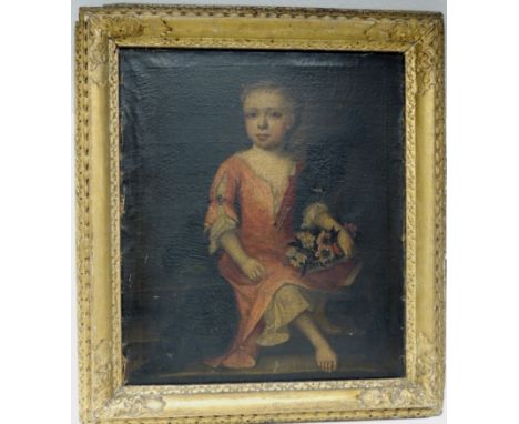 EARLY 19TH CENTURY ENGLISH SCHOOL - Portrait of a young child, seated,  wearing a red dress and holding a basket of flowers, 