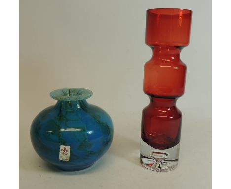 A Bo Borgstrom, Sweden Svensk Form ruby glass vase, with original label, 22cms high together with a Malta Craft Glass vase of