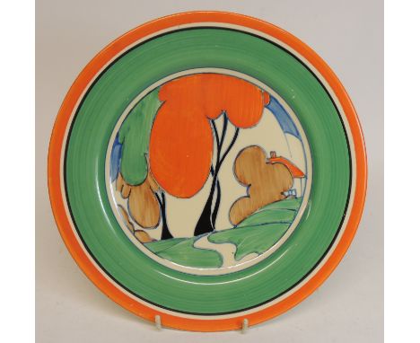 A Clarice Cliff Newport Pottery Fantasque Bizarre hand painted plate with orange tree and house within wide green border, bla