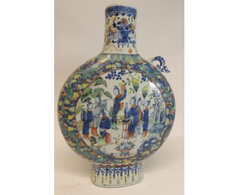 A large Chinese moon flask painted to one side with sages in a mountainous landscape, the other with ladies playing musical i