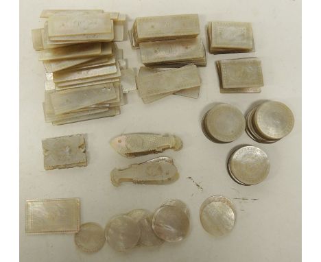 A quantity of Chinese mother of pearl gaming counters: 13 fish shaped; 6 shaped rectangular; 17 small rectangular engraved "H