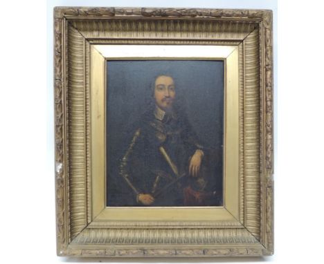 19TH CENTURY CONTINENTAL SCHOOL - Portrait of a man in armour, holding a staff and with one arm resting on a helmet, oil on o