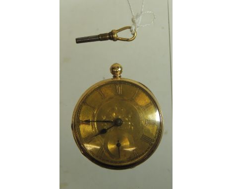 An 18ct gold cased, key wind pocket watch, the movement engraved "R. FOX, PONTYPOOL".  The engine turned dial with gold roman