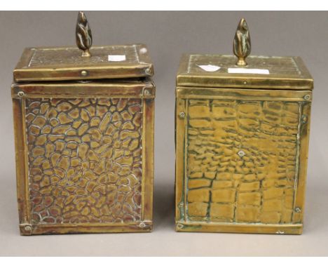 A pair of brass tea caddies and a Smith Premier typewriter